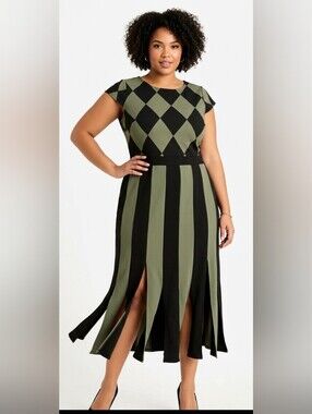 Ashley Stewart Women's Argyle Carwash Hem Dress Green & Black Stripes Sz 12 NWT